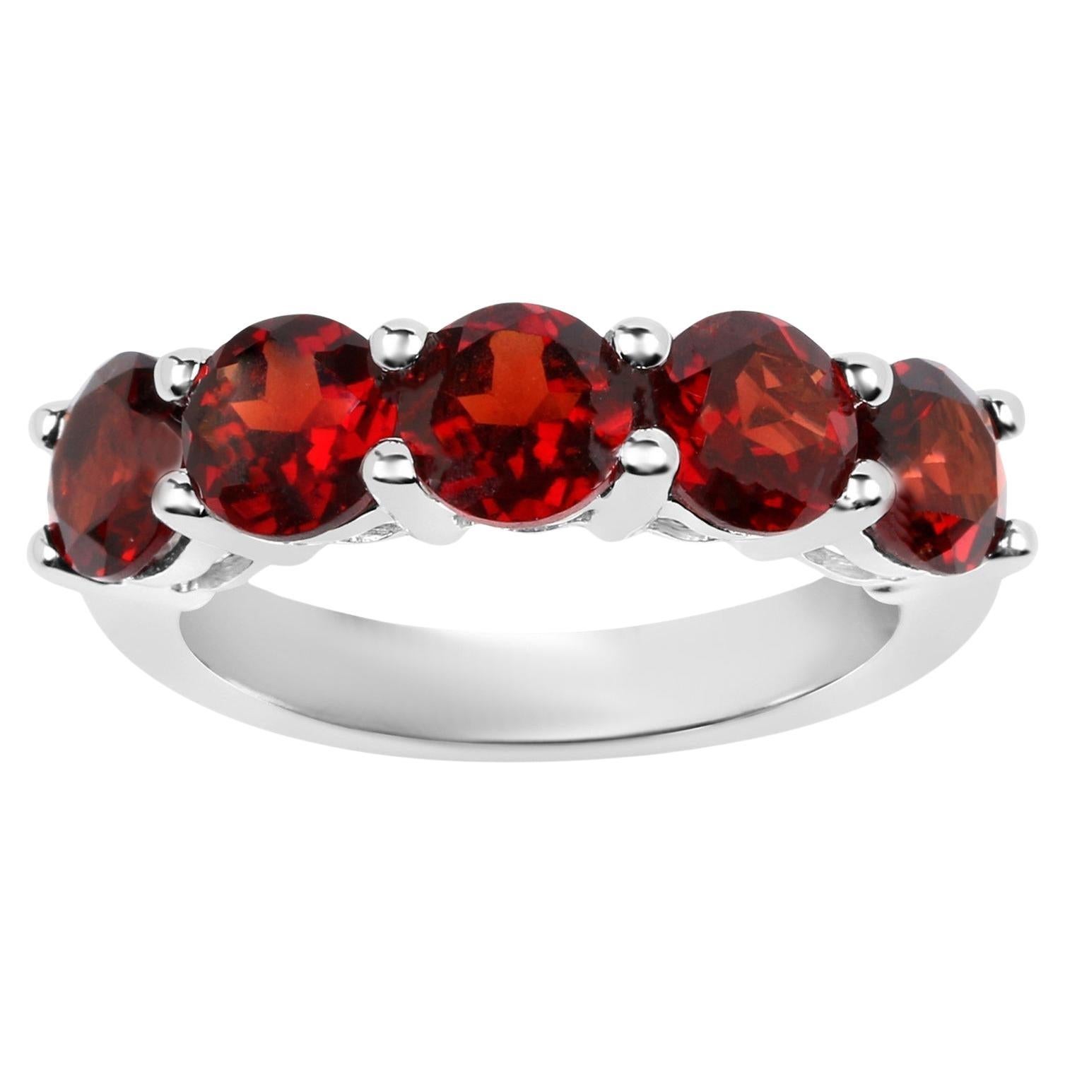 Natural Red Garnet Five Stone Ring 3.75 Carats Sterling Silver For Sale