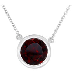 Natural Red Garnet Solitaire Bezel Set Necklace Chain 14 Karat White Gold