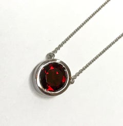 Natural Red Garnet Solitaire Bezel Set Necklace Chain 14 Karat White Gold