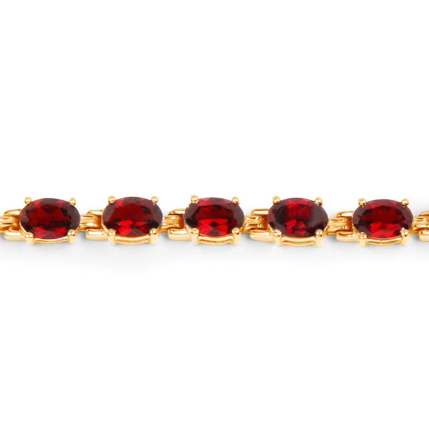 Contemporary Natural Red Garnet Tennis Bracelet 11 Carats 14K Yellow Gold Plated Silver For Sale