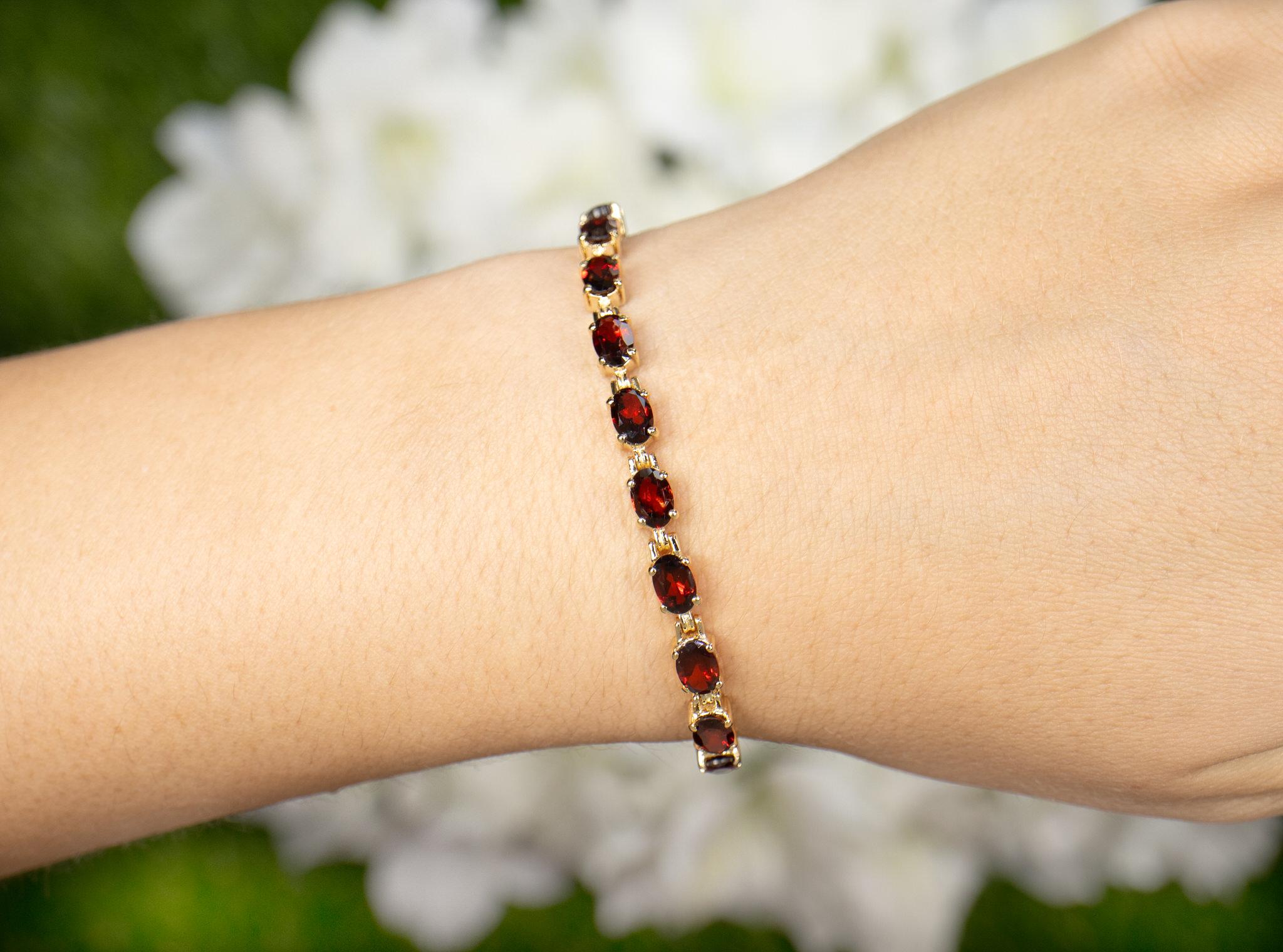 da uomo o donna Bracciale Tennis con Granato Rosso Naturale 11 Carati Placcato Oro Giallo 14K A. Silver in vendita
