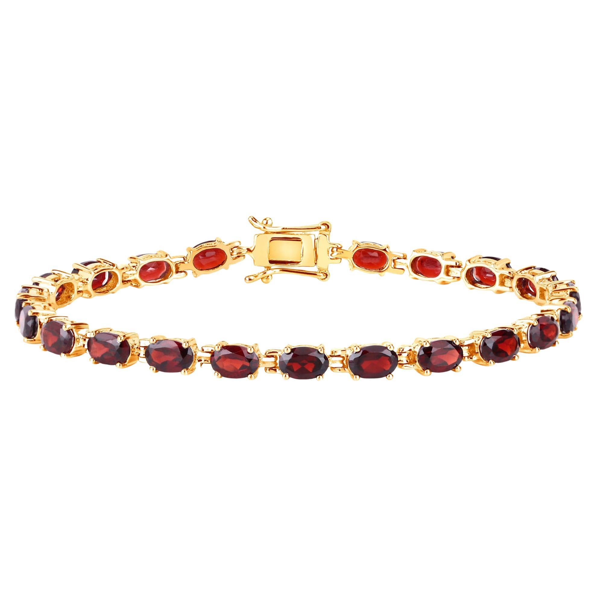 Natural Red Garnet Tennis Bracelet 11 Carats 14K Yellow Gold Plated Silver For Sale