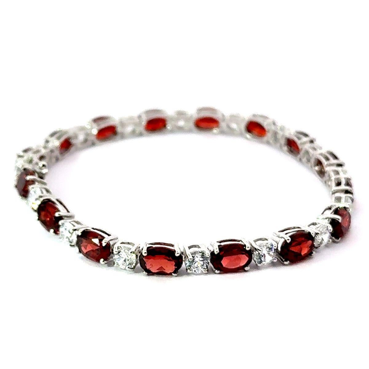 Art Deco Natural Red Garnet Silver Tennis Bracelet with Zircon in Fine Jewelry for Her For Sale