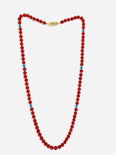 Natural Red Italian Coral Round Beaded Necklace with Sleeping Beauty Turquoise 