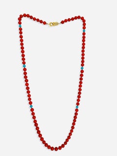 Natural Red Italian Coral Round Beaded Necklace with Sleeping Beauty Turquoise
