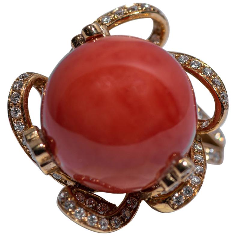 Natural Red Orange Coral Diamond 18 Karat Gold Ring For Sale