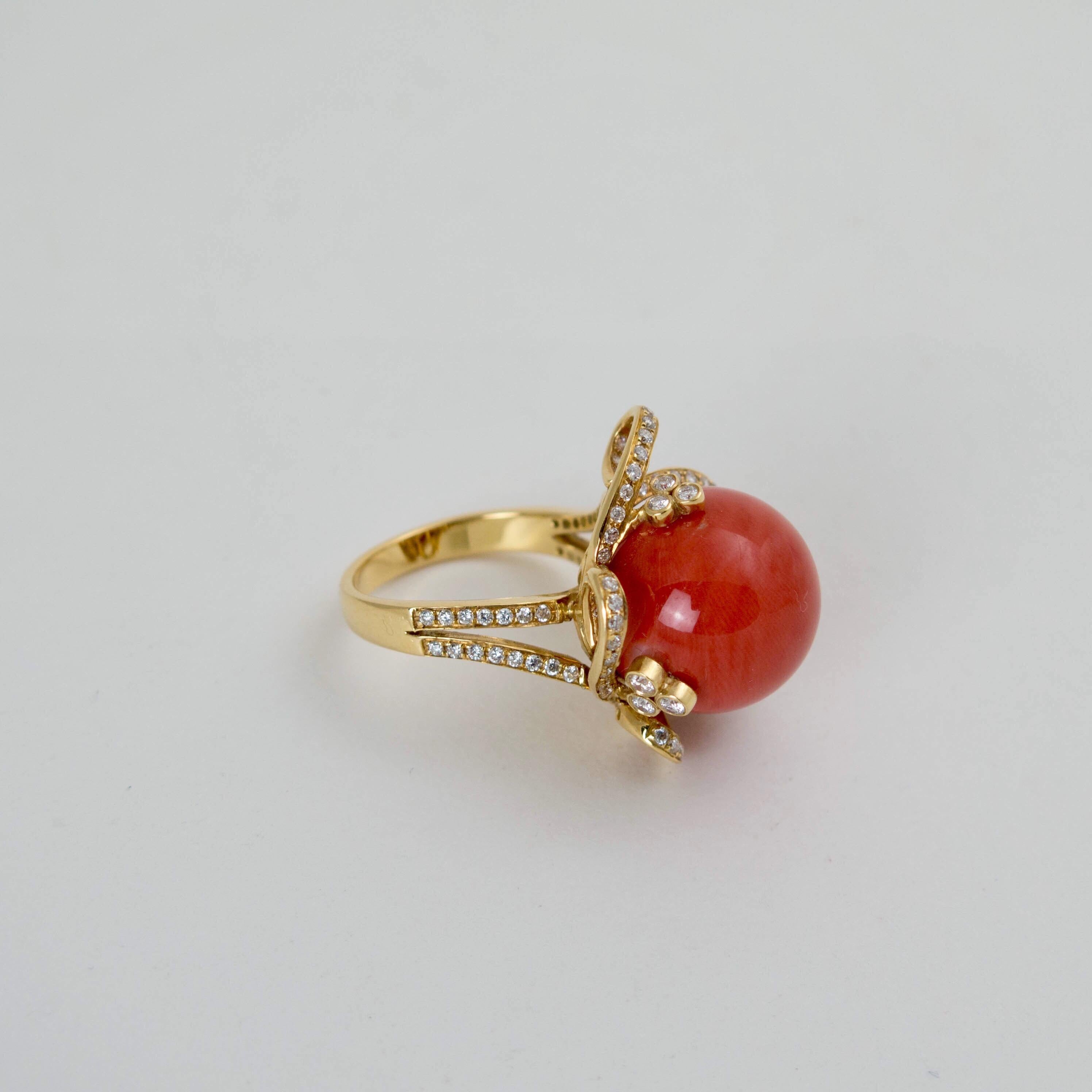 Contemporary Natural Red Orange Coral Diamond 18 Karat Gold Ring For Sale