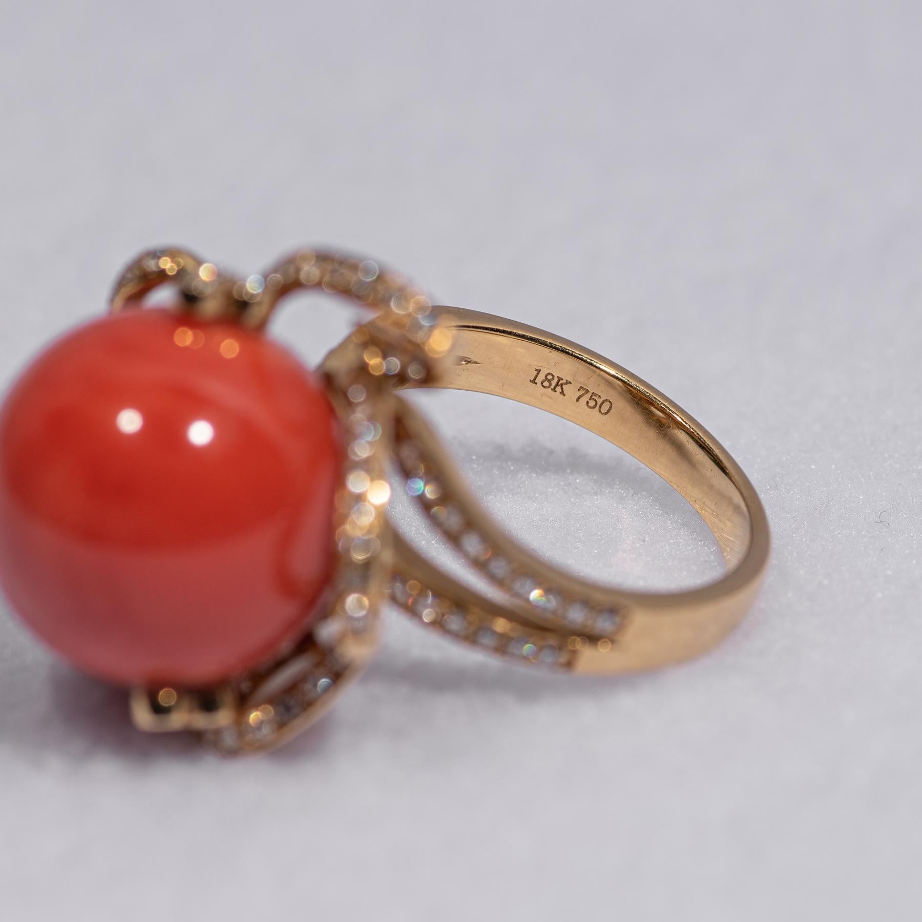 Women's Natural Red Orange Coral Diamond 18 Karat Gold Ring For Sale