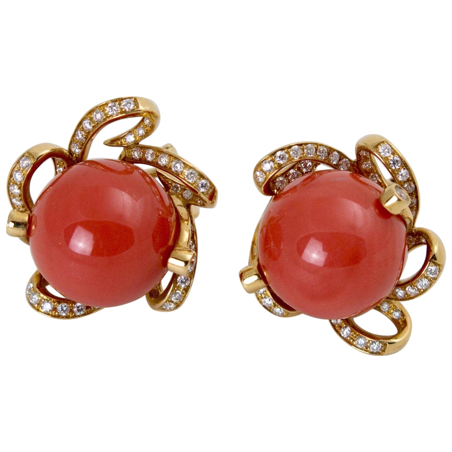 Natural Red Orange Coral Earrings with Diamond and 18 Karat Gold For Sale