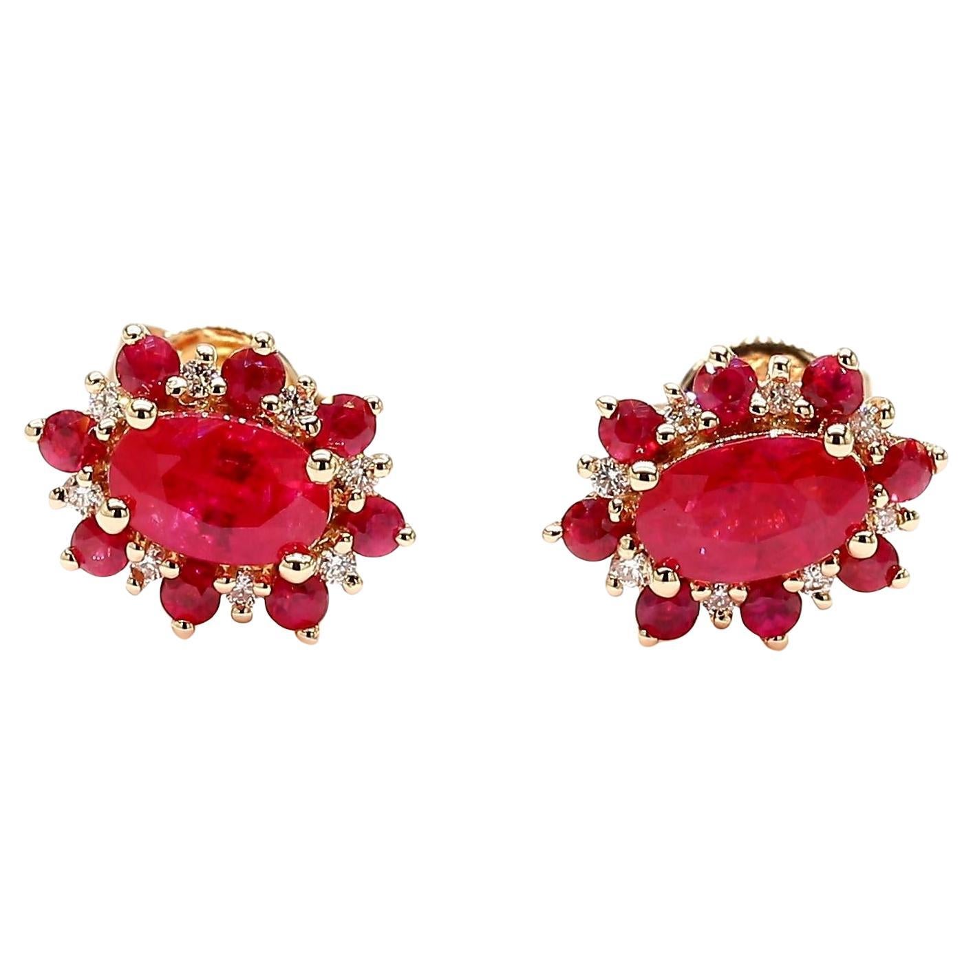 Natural Red Oval Ruby and White Diamond 0.93 Carat TW Gold Stud Earrings