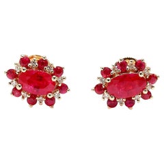 Natural Red Oval Ruby and White Diamond 0.93 Carat TW Gold Stud Earrings