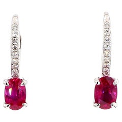 Natural Red Oval Ruby and White Diamond 1.24 Carat TW Gold Drop Earrings