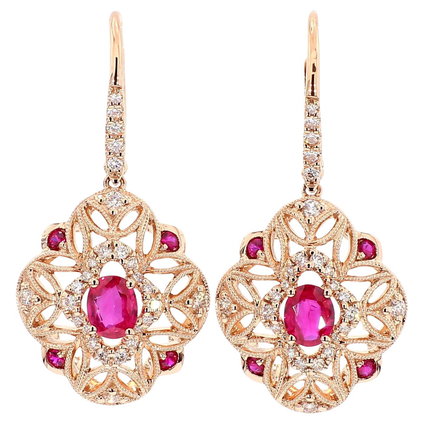 Pendientes de Gota de Oro de 1.46 Quilates TW de Rubí Rojo Ovalado Natural y Diamante Blanco