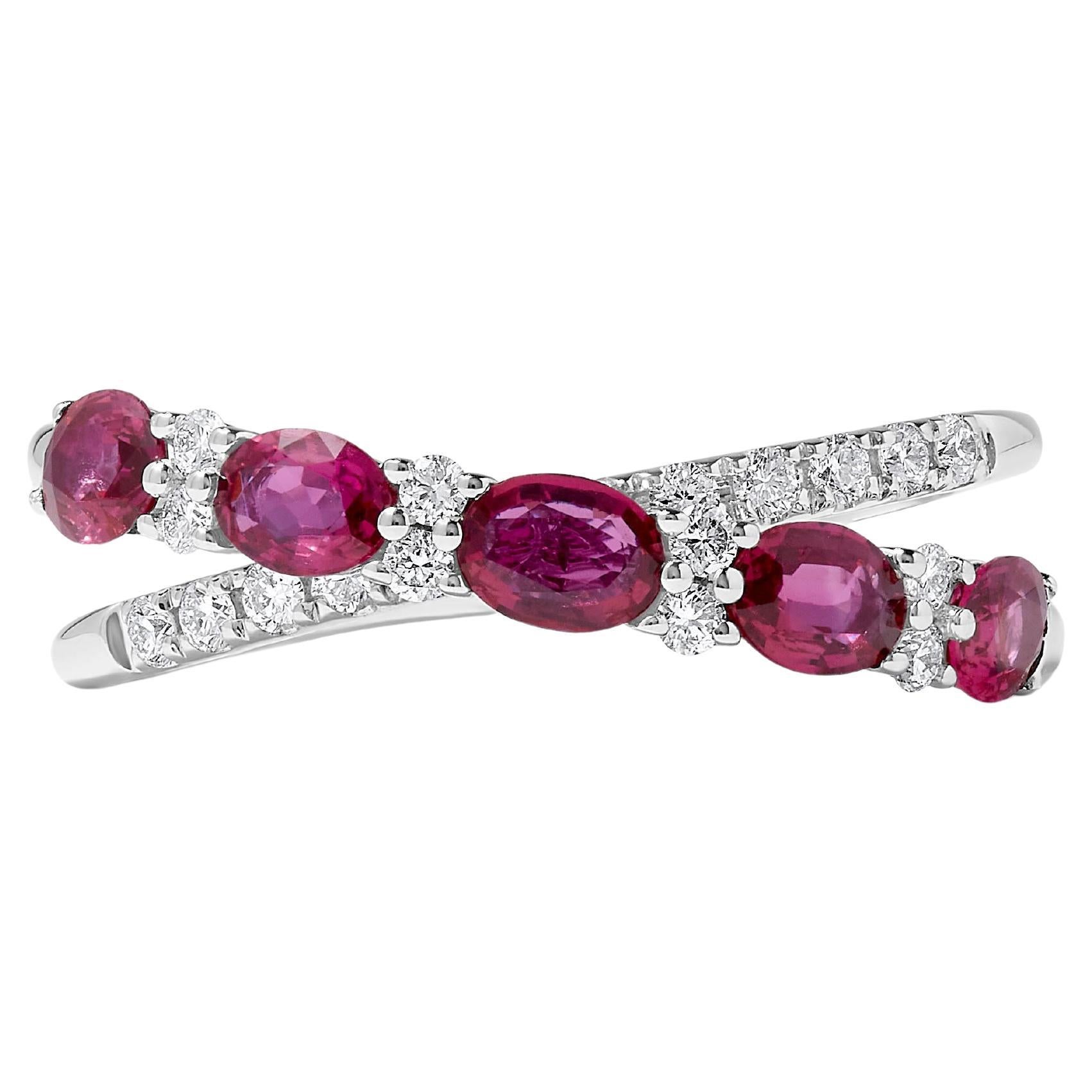 Natural Red Oval Ruby and White Diamond 1.61 Carat TW Gold Wedding Band