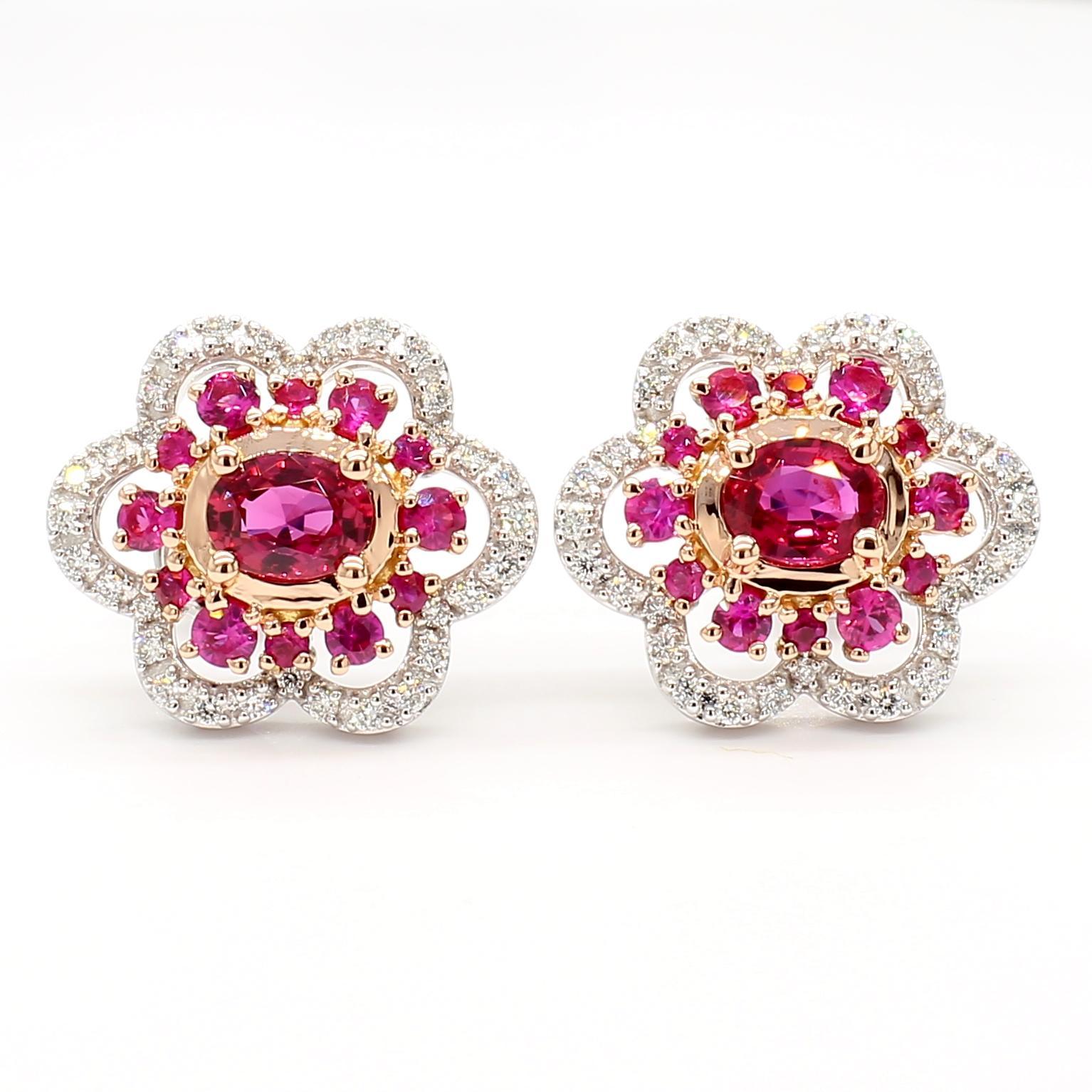 Pendientes de oro con rubí ovalado rojo natural y diamante blanco de 1,68 quilates TW Contemporáneo en venta