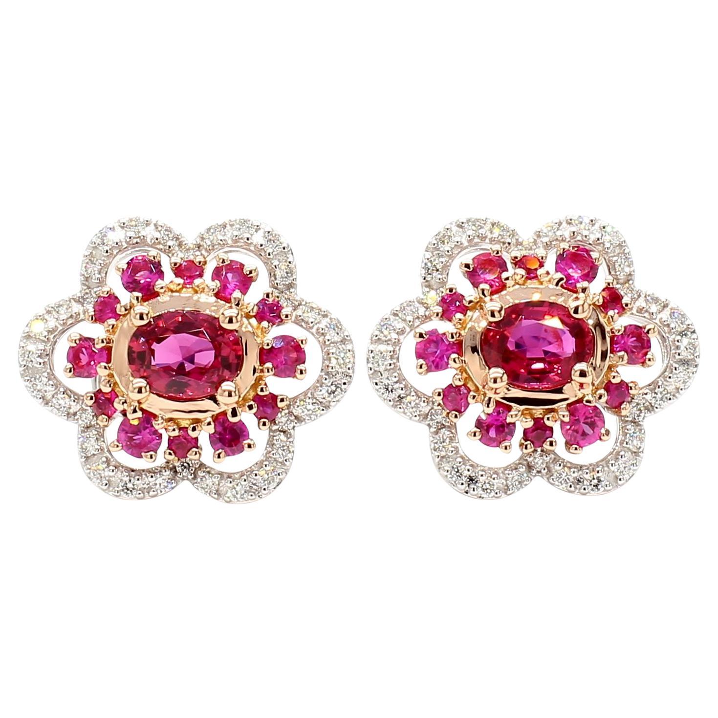 Pendientes de oro con rubí ovalado rojo natural y diamante blanco de 1,68 quilates TW en venta