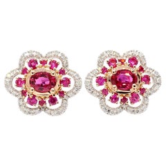 Natural Red Oval Ruby and White Diamond 1.68 Carat TW Gold Stud Earrings