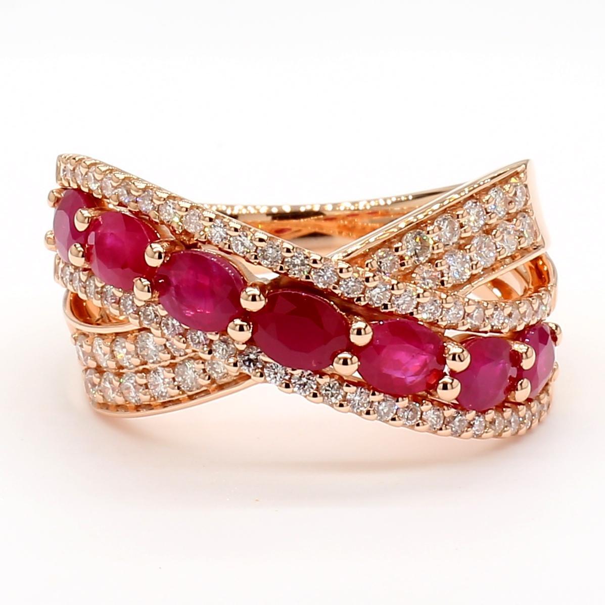 Contemporary Natural Red Oval Ruby and White Diamond 2.04 Carat TW Gold Cocktail Ring For Sale