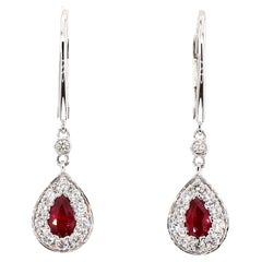 Natural Red Pear Ruby and White Diamond 0.82 Carat TW Gold Drop Earrings