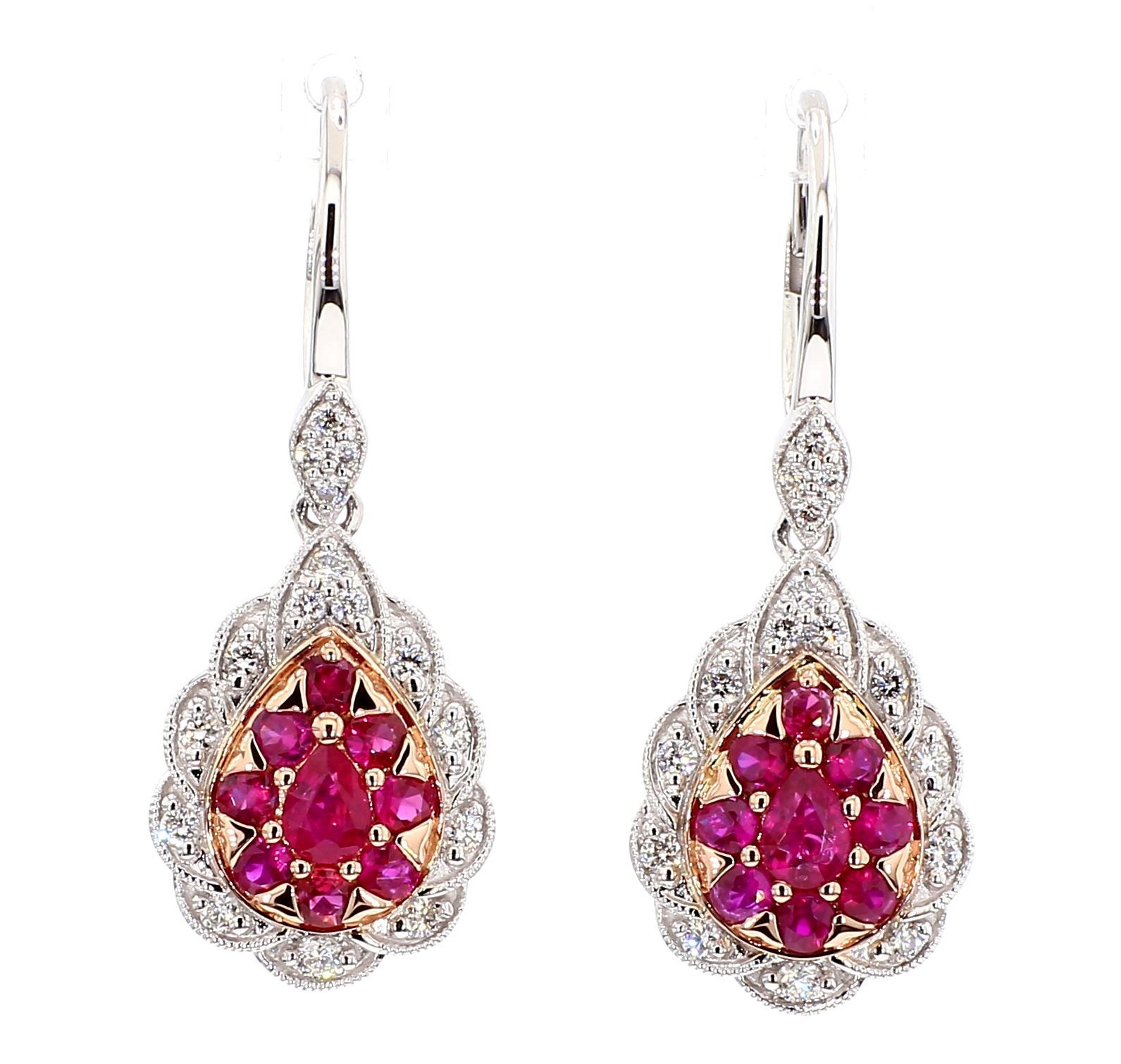 Tropfenohrringe, natürlicher roter birnenförmiger Rubin und weißer Diamant 1.37 Karat TW Gold (Zeitgenössisch) im Angebot
