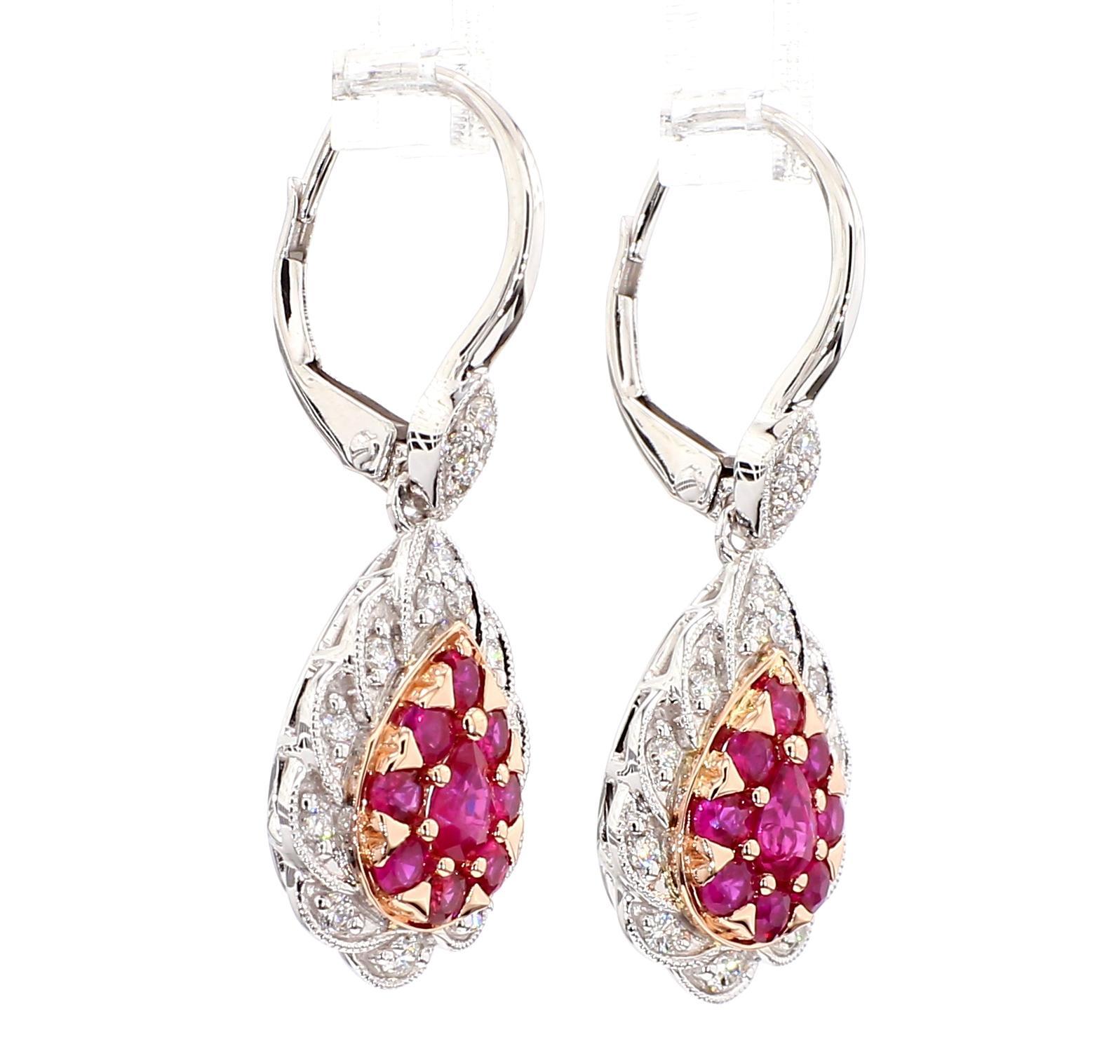 Tropfenohrringe, natürlicher roter birnenförmiger Rubin und weißer Diamant 1.37 Karat TW Gold (Tropfenschliff) im Angebot