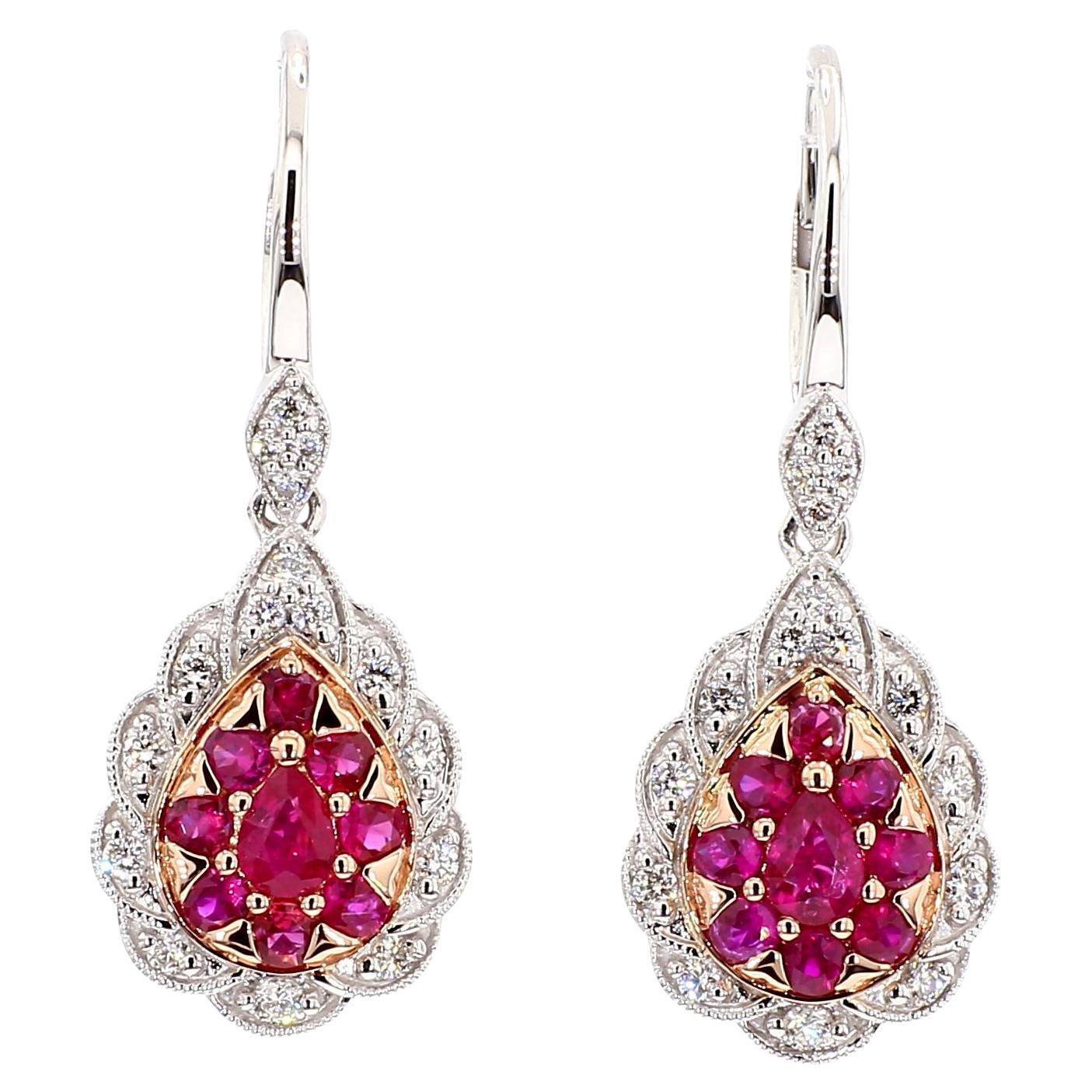 Pendientes de Gota de Oro con Rubí Pera Rojo Natural y Diamante Blanco de 1.37 Quilates TW