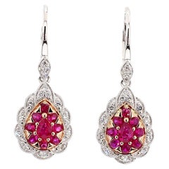 Natural Red Pear Ruby and White Diamond 1.37 Carat TW Gold Drop Earrings