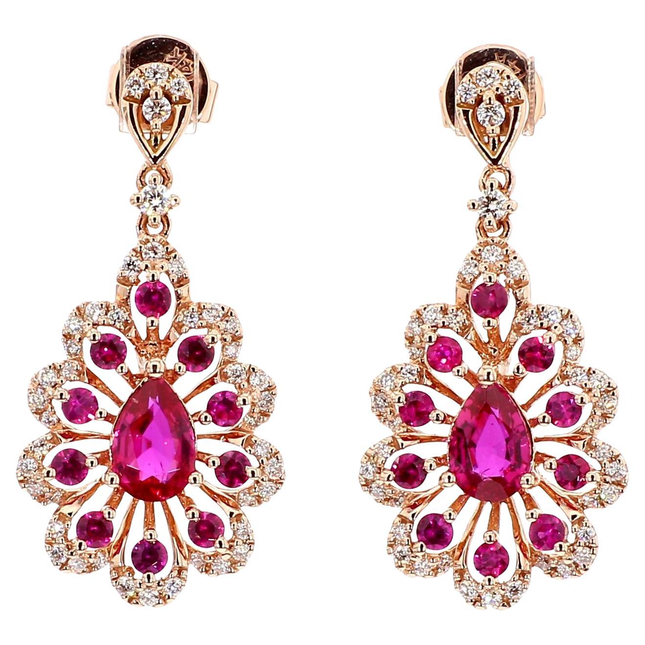 Natural Red Pear Ruby and White Diamond 1.81 Carat TW Gold Drop Earrings