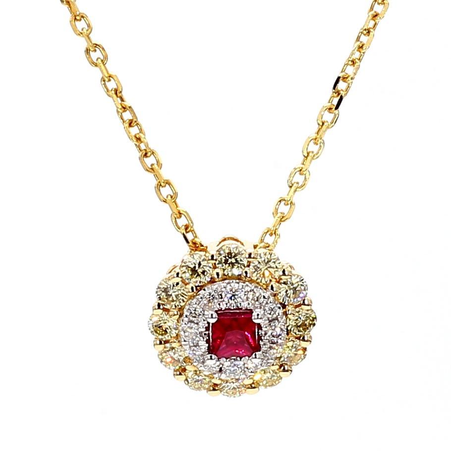 Colgante de gota de oro rojo natural de rubí princesa y diamante de 0,72 quilates TW Contemporáneo en venta