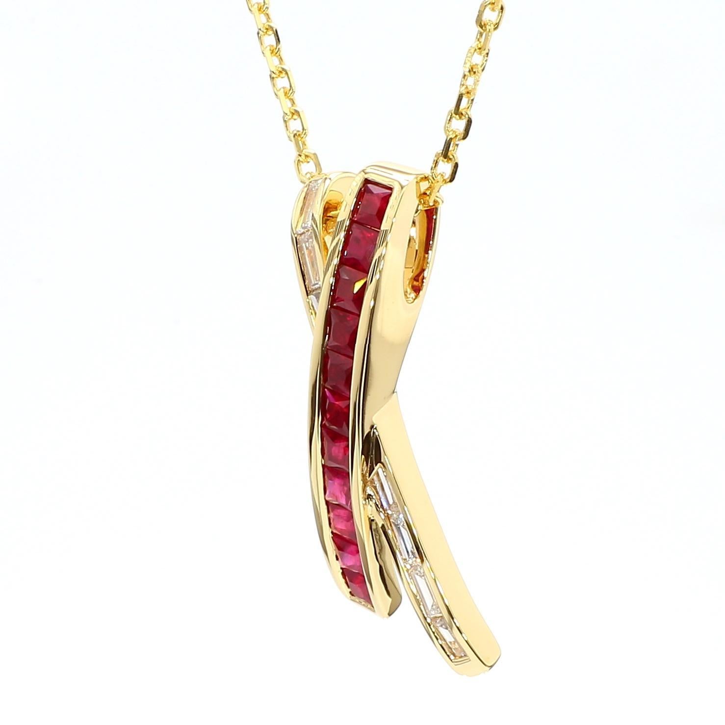 RareGemWorld's classic ruby pendant. Mounted in a beautiful 18K Yellow Gold setting with a natural princess cut red ruby's complimented by natural baguette cut white diamonds. This pendant is guaranteed to impress and enhance your personal