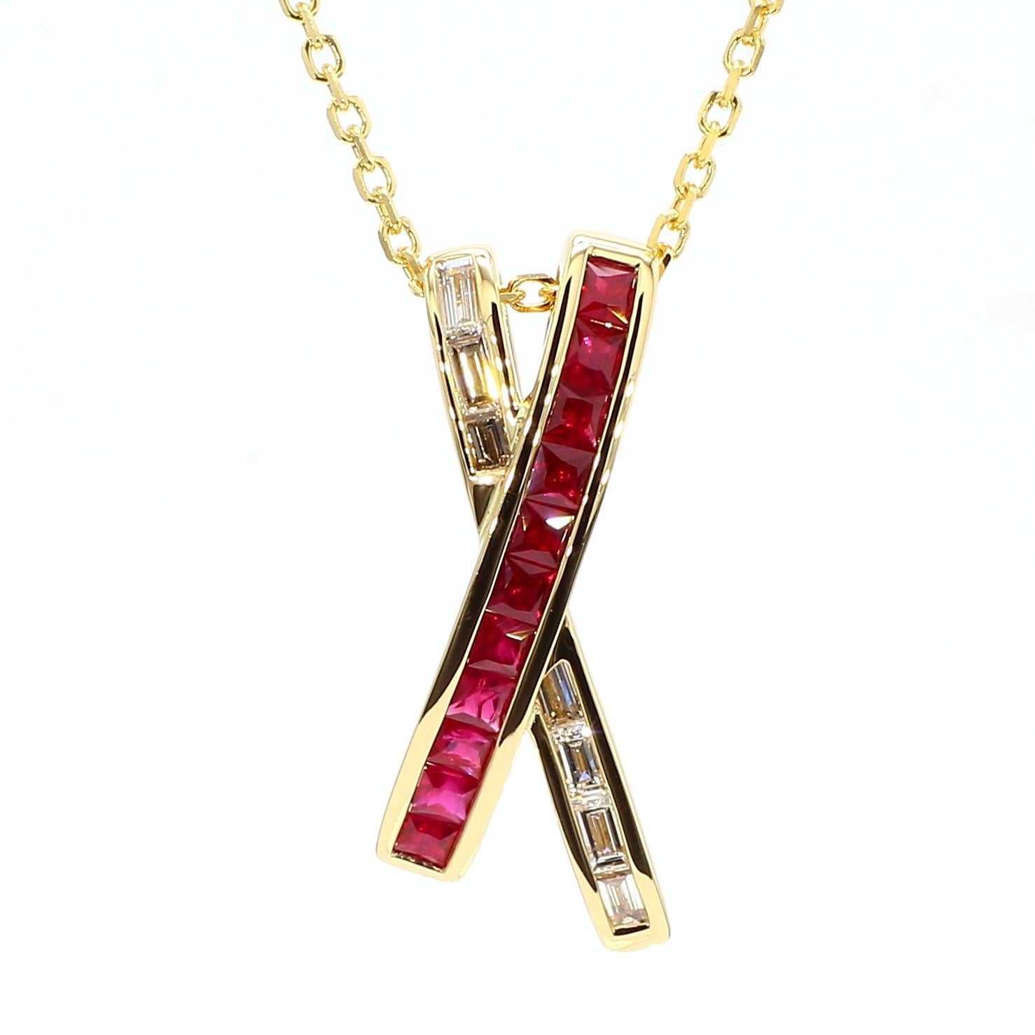 Princess Cut Natural Red Princess Ruby and White Diamond 1.00 Carat TW Gold Drop Pendant For Sale