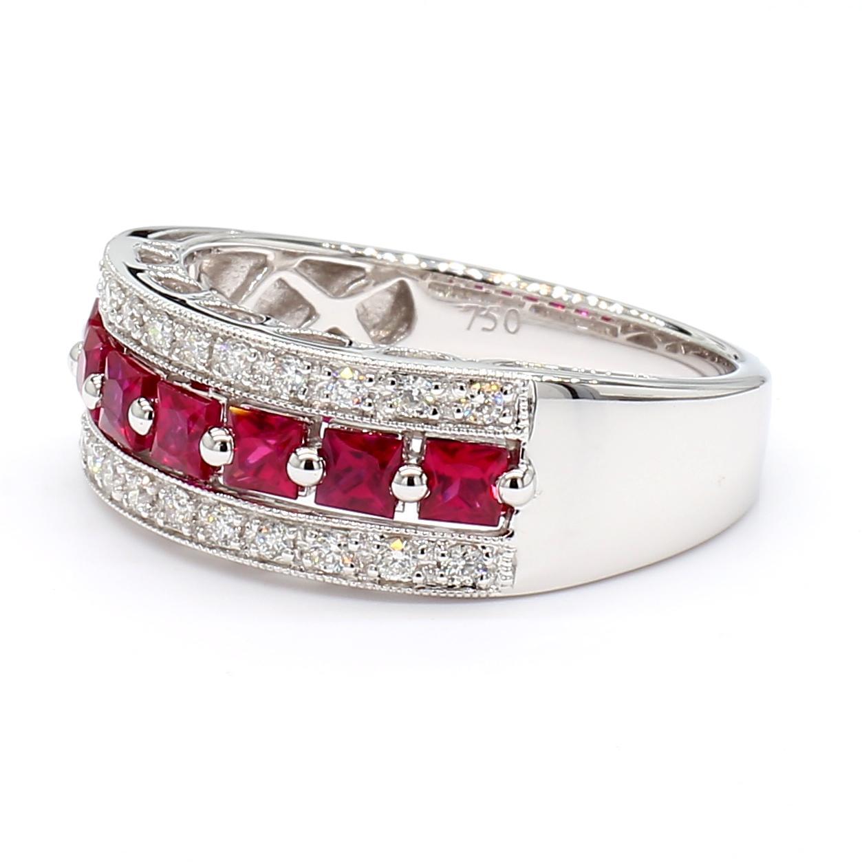 RareGemWorld's beautiful cocktail band. Mounted in a beautiful 18K White Gold setting with a natural princess cut red ruby's complimented by natural round white diamond melee. This band is guaranteed to impress and enhance your personal