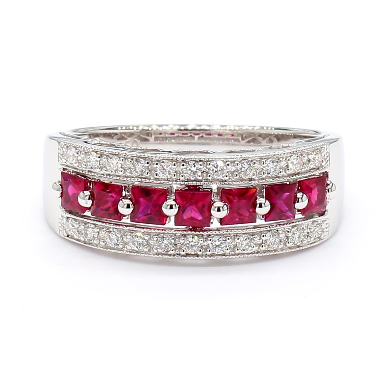 Contemporary Natural Red Princess Ruby and White Diamond .96 Carat TW Gold Cocktail Band For Sale