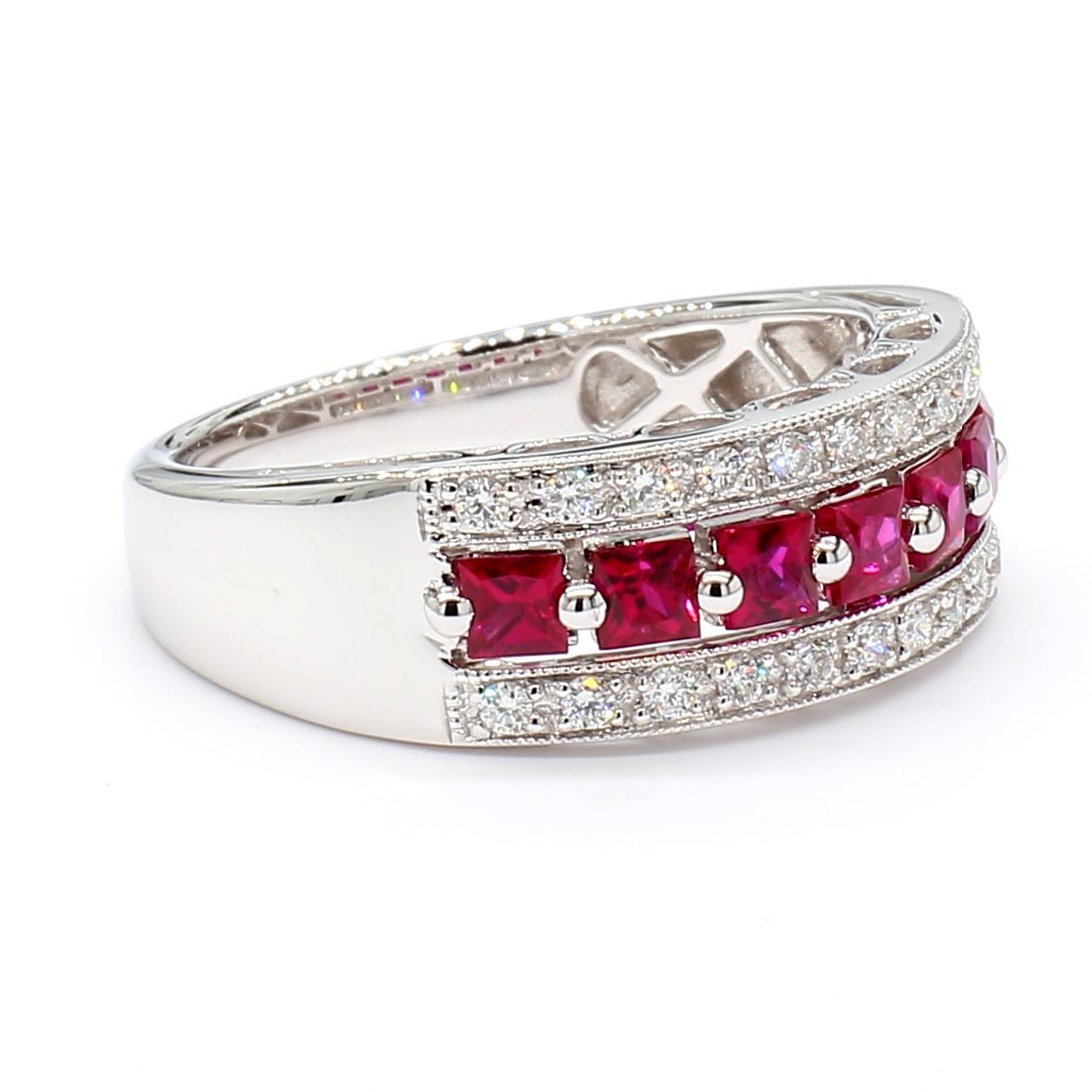 Princess Cut Natural Red Princess Ruby and White Diamond .96 Carat TW Gold Cocktail Band For Sale