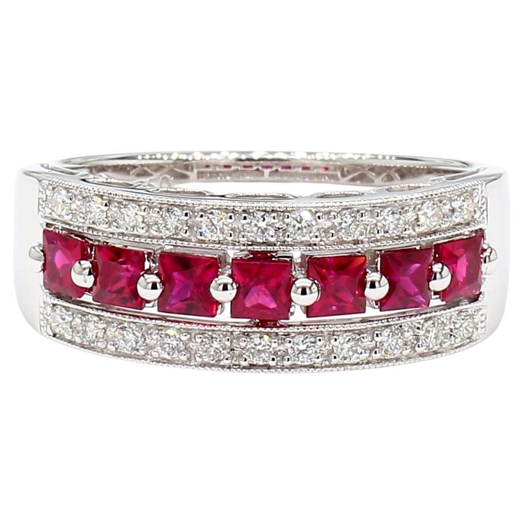 Natural Red Princess Ruby and White Diamond .96 Carat TW Gold Cocktail Band