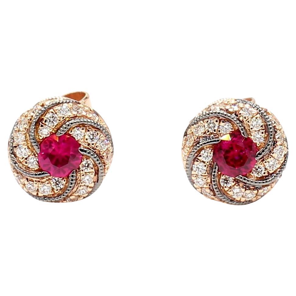 Natural Red Round Ruby and White Diamond 0.49 Carat TW Rose Gold Stud Earrings
