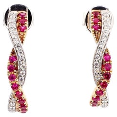 Natural Red Round Ruby and White Diamond 0.53 Carat TW Rose Gold Drop Earrings