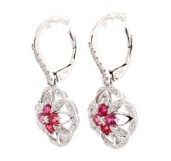 Natural Red Round Ruby and White Diamond 0.79 Carat TW White Gold Drop Earrings
