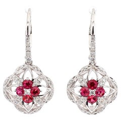 Natural Red Round Ruby and White Diamond 0.79 Carat TW White Gold Drop Earrings