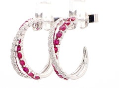 Natural Red Round Ruby and White Diamond 0.83 Carat TW Rose Gold Drop Earrings