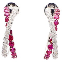Natural Red Round Ruby and White Diamond 0.83 Carat TW Rose Gold Drop Earrings