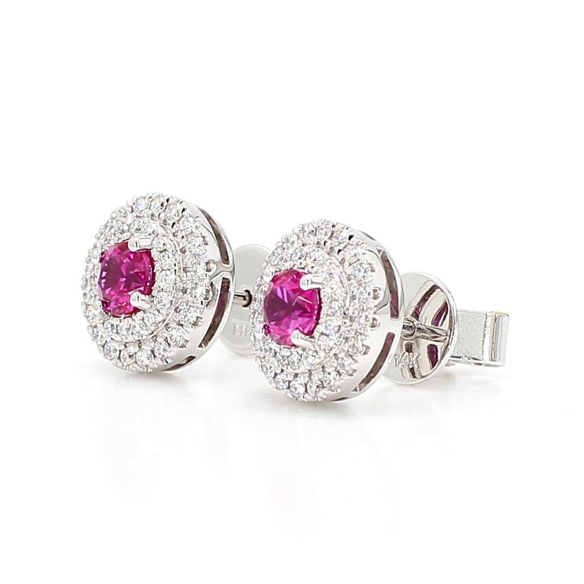 Clous d'oreilles en or blanc 1.02 carat avec rubis rouge naturel rond et diamants blancs Pour femmes en vente