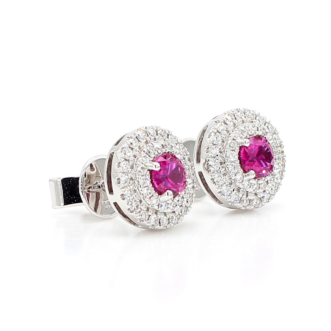 Clous d'oreilles en or blanc 1.02 carat avec rubis rouge naturel rond et diamants blancs en vente 3