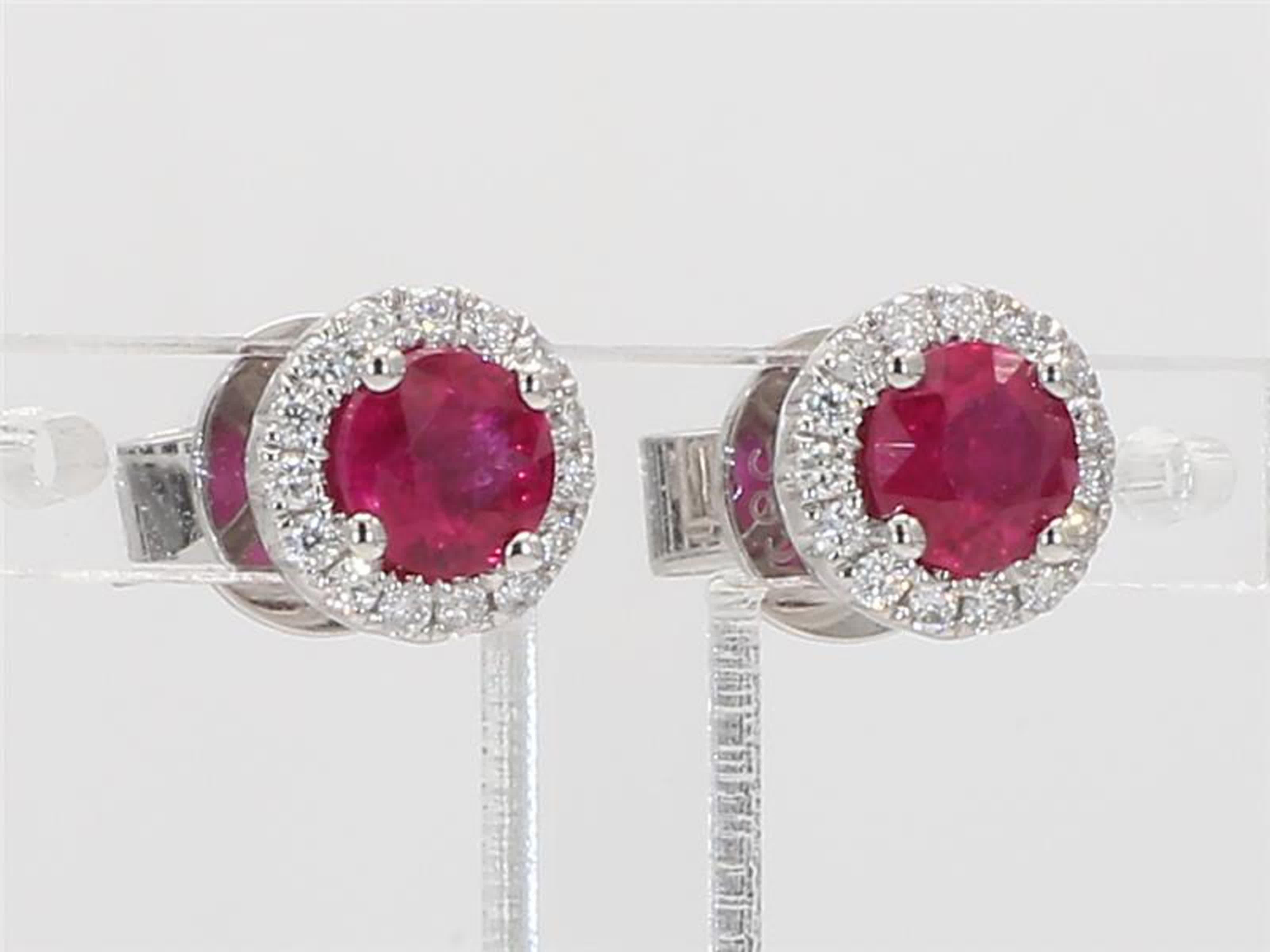 Women's Natural Red Round Ruby and White Diamond 1.16 Carat TW White Gold Stud Earrings