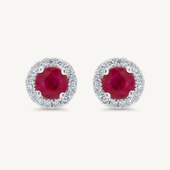 Natural Red Round Ruby and White Diamond 1.16 Carat TW White Gold Stud Earrings