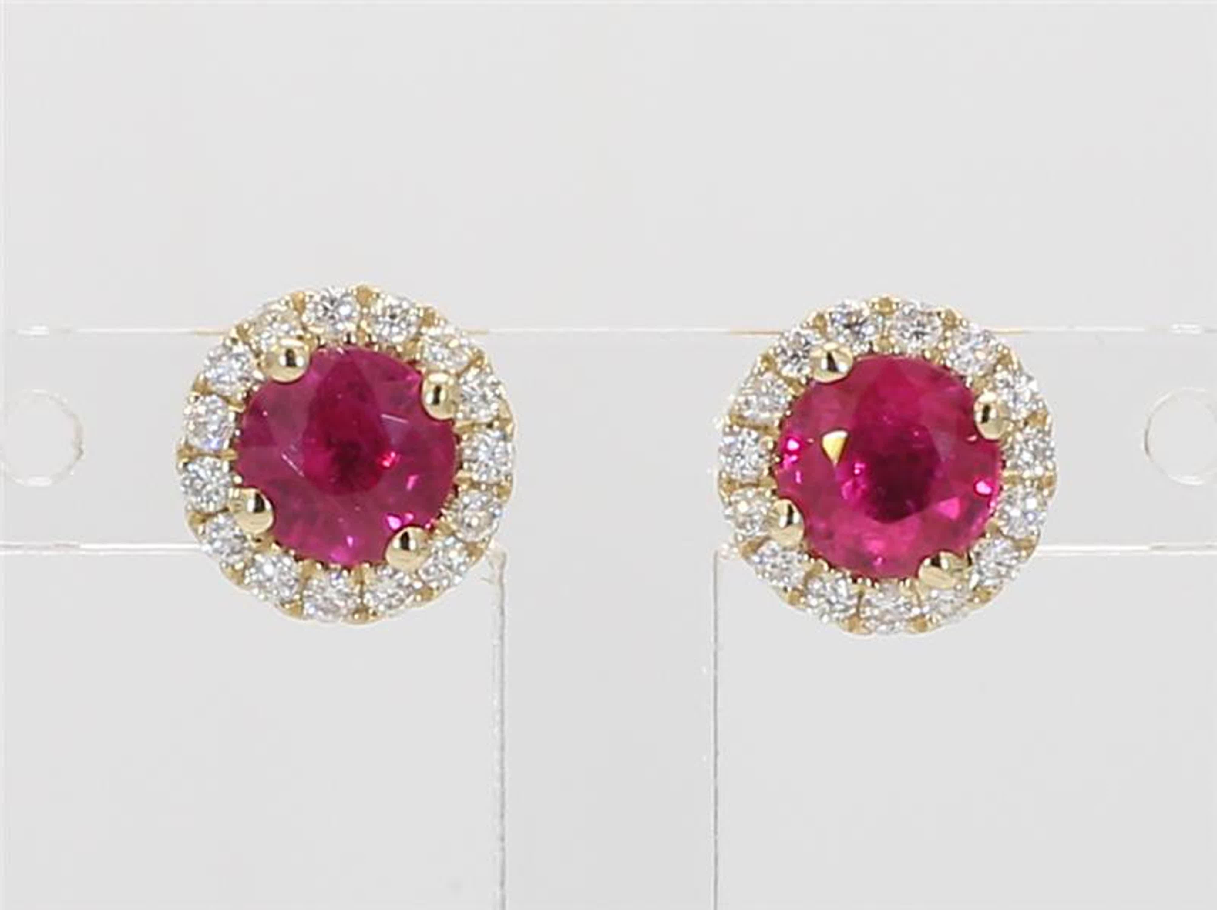 RareGemWorld's classic ruby earrings. Mounted in a beautiful 14K Yellow Gold setting with natural round cut red ruby's. These ruby's are surrounded by a halo of natural round white diamond melee. These earrings are guaranteed to impress and enhance