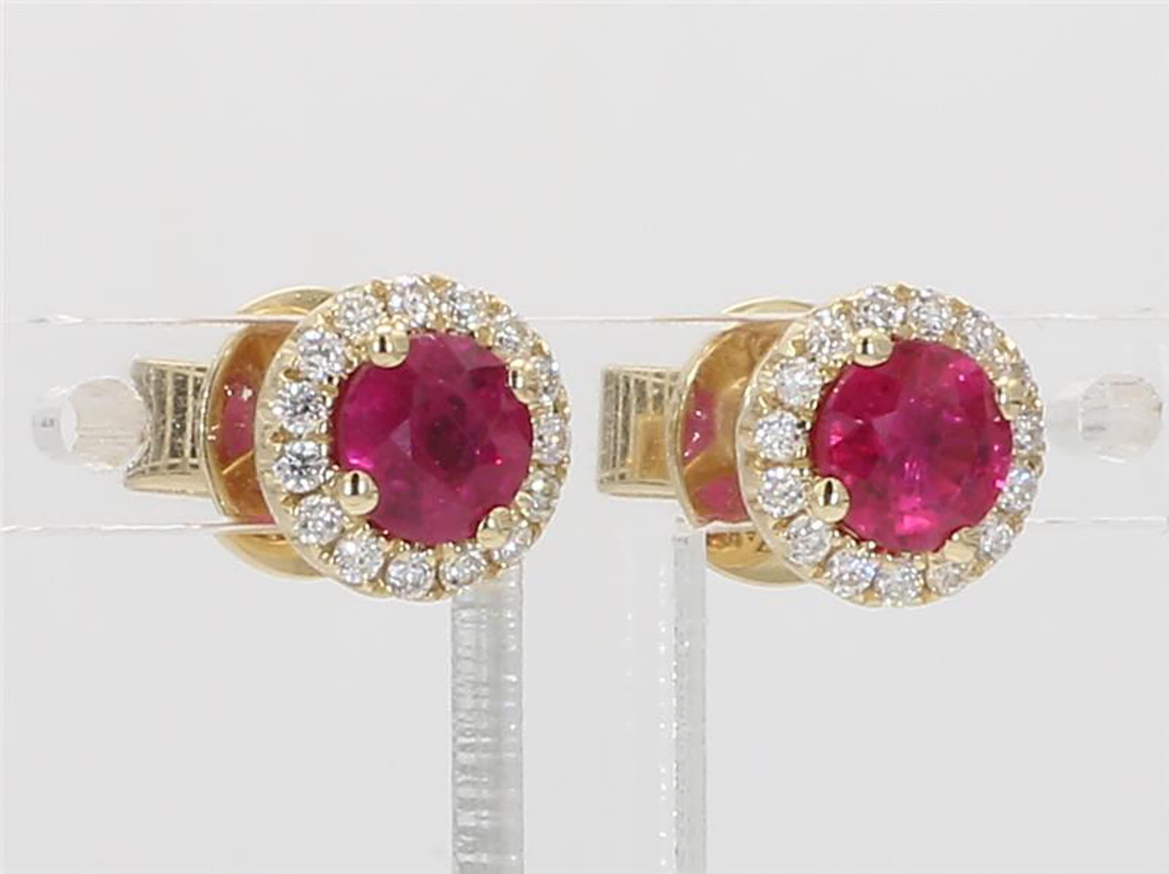 Women's Natural Red Round Ruby and White Diamond 1.17 Carat TW Yellow Gold Stud Earrings