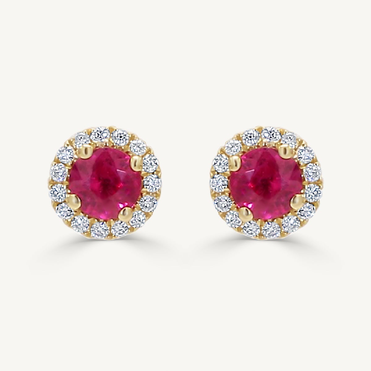 Natural Red Round Ruby and White Diamond 1.17 Carat TW Yellow Gold Stud Earrings
