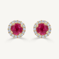 Natural Red Round Ruby and White Diamond 1.17 Carat TW Yellow Gold Stud Earrings