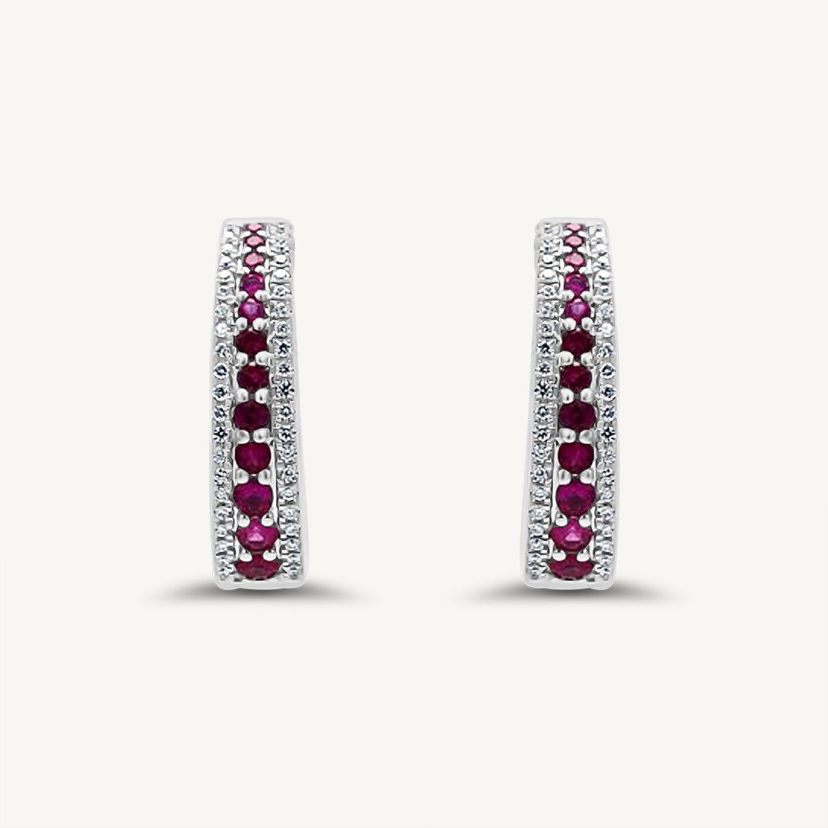Natural Red Round Ruby and White Diamond 1.26 Carat TW White Gold Hoop Earrings For Sale
